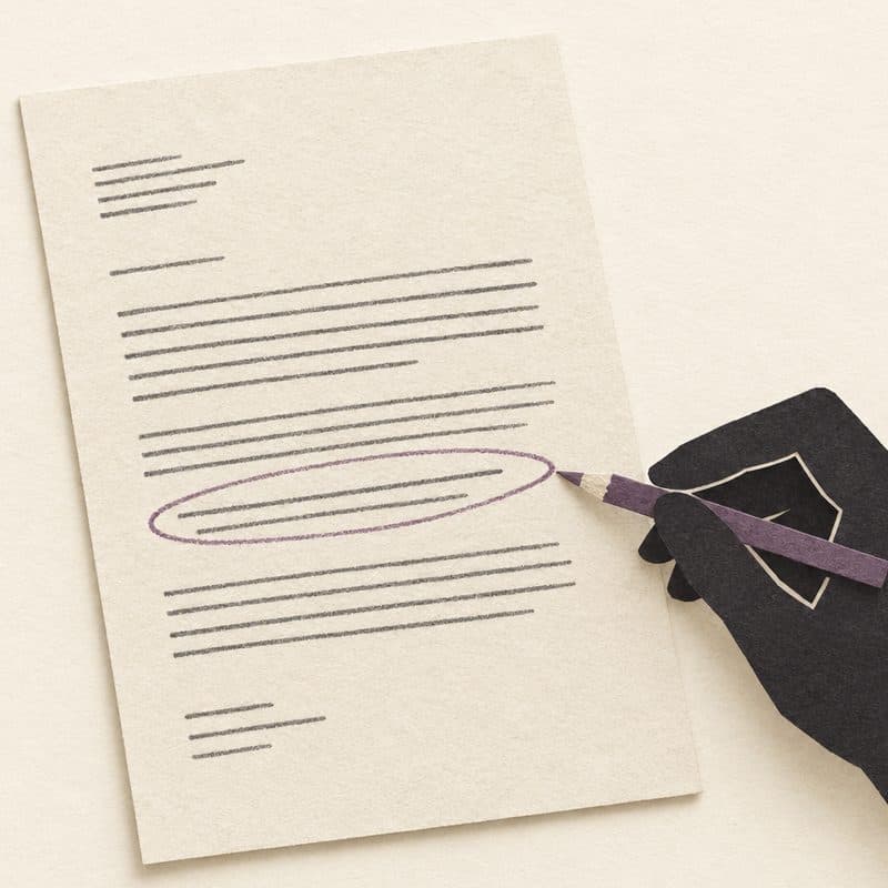 Cut-paper illustration: a hand with a plum pencil has just circled one line of a typed letter.