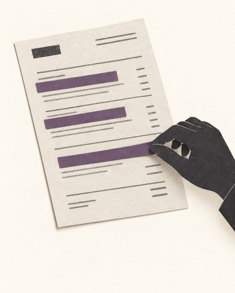 Cut-paper illustration: a hand lays the last of three plum paper strips over lines of a printed purchase order, redacting them.