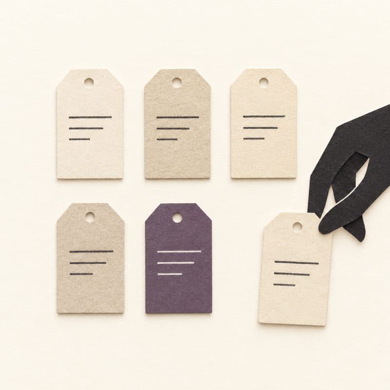 Cut-paper illustration: a hand places the last of six paper tags into two neat rows; one tag is plum.